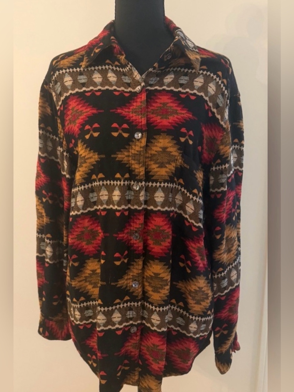 Vintage Chico's Design Southwest Aztec Long Sleeve Shirt Red, Black and Brown M